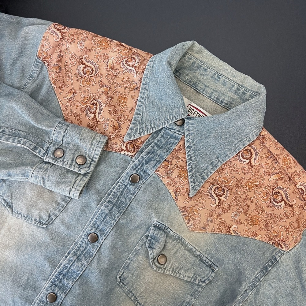 BC Ethic Western Shirt Mens Large Denim Paisley Snap Button Cowboy Rancher Rodeo